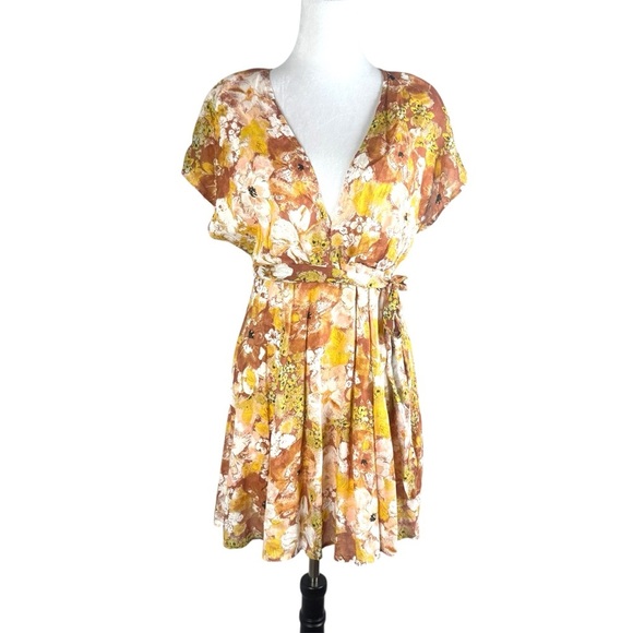 Free People‎ Floral Mini Dress Belted Deep V Neck XS Boho Fall Color - Picture 2 of 11